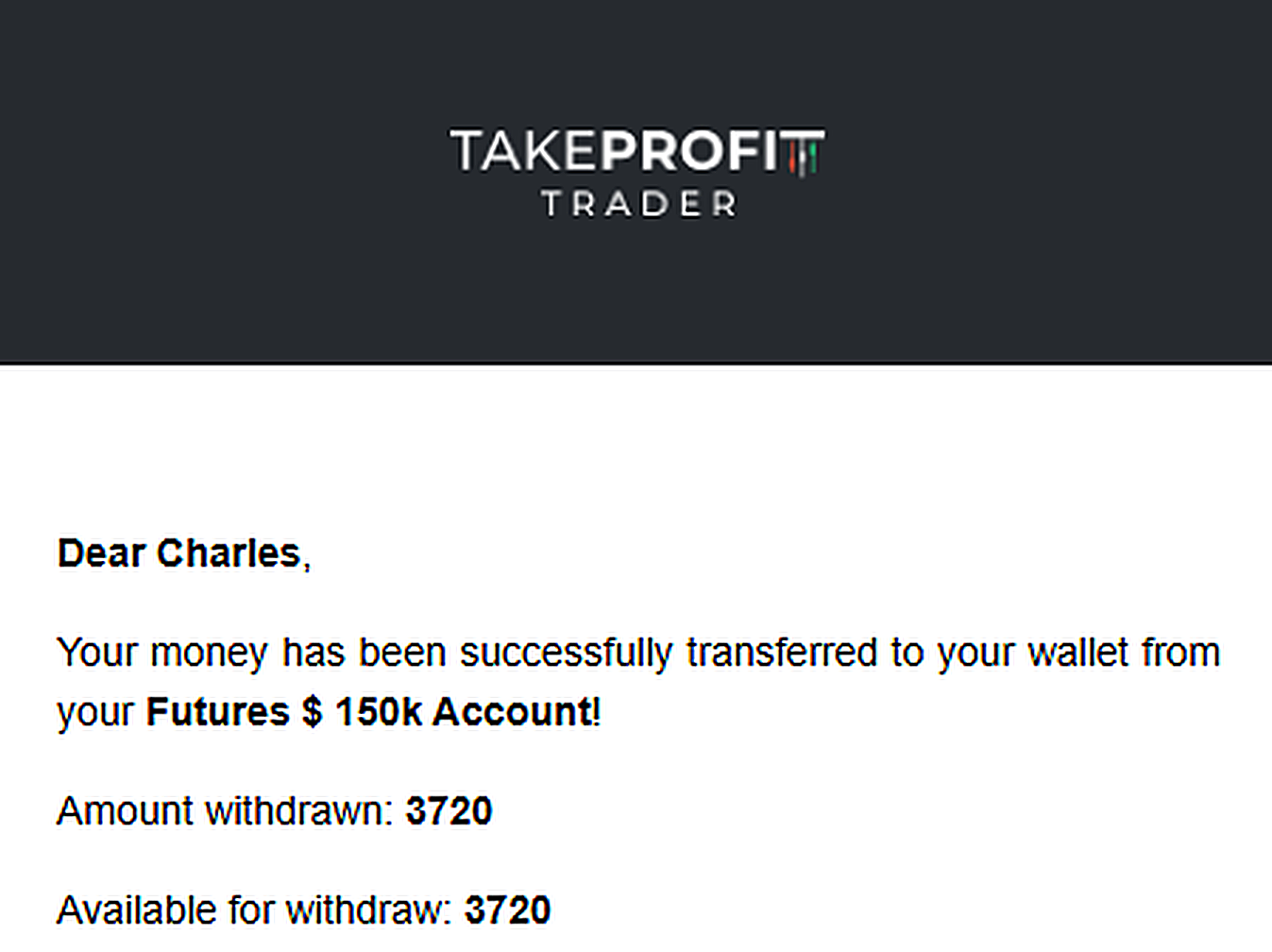 TakeProfit Trader withdrawal confirmation — $3,720 from a $150K funded account, issued to Charles